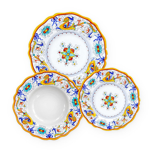 Raffaellesco 3-piece place setting: dinner plate, pasta bowl and salad plate, yellow winged dragons, blue ribbons and turquoise flowers – hand-painted Italian majolica, Deruta pottery made in Italy