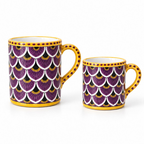 Peacock Purple Traditional mug, purple peacock feather scale pattern with yellow dotted rim – hand-painted Italian majolica coffee mug, Deruta pottery made in Italy
