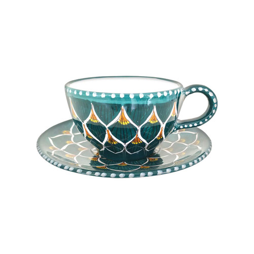 Teac cup of ceramic with peacock green decoration made in Deruta