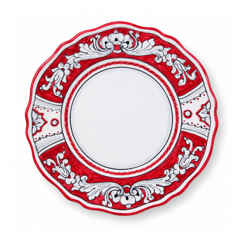 '600 Red Background salad plate, white acanthus scrolls on a red rim with white panels – hand-painted Italian majolica, Deruta pottery made in Italy