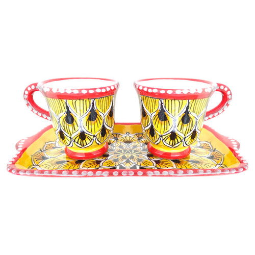 Pottery store of coffe cup peacock  yellow decoration hand painted by deruta