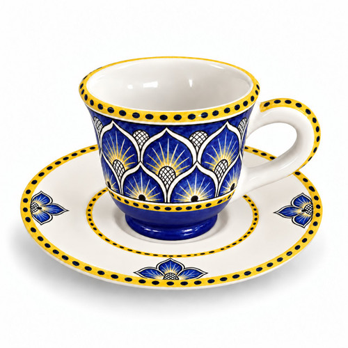 Peacock Blu espresso cup and saucer, cobalt blue peacock feather pattern with yellow dotted rim – hand-painted Italian majolica, Deruta pottery made in Italy