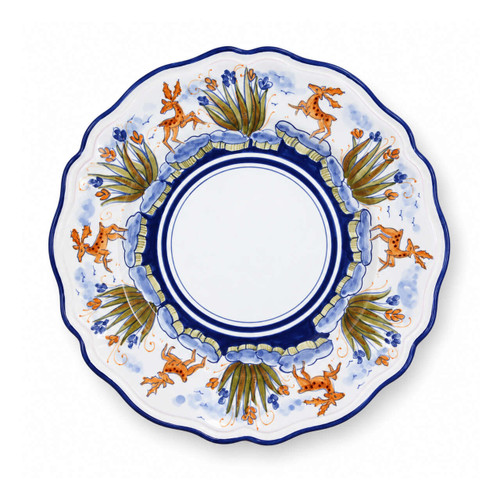 Classic Deer salad plate, ochre deer and olive green plants with a cobalt blue band – hand-painted Italian majolica, Deruta pottery made in Italy