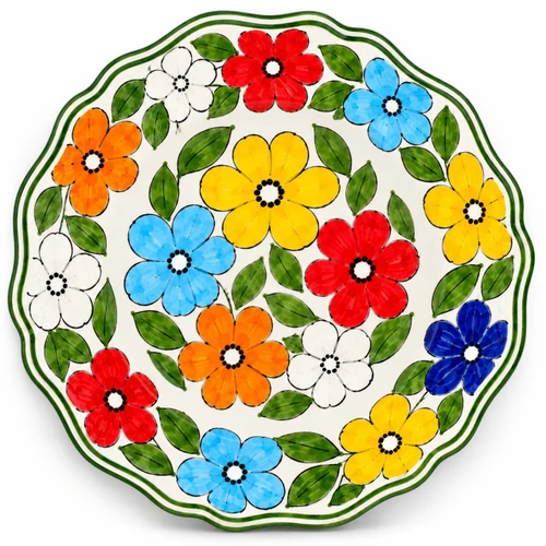 Daisy dinner plate, red, blue, yellow and white daisies with green leaves across the whole plate – hand-painted Italian majolica, Deruta pottery made in Italy