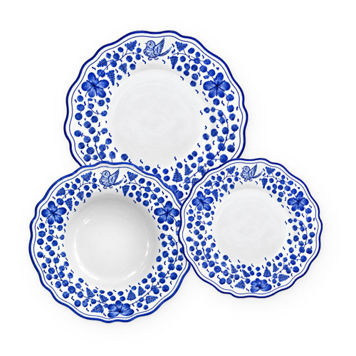 Arabesco Blue 3-piece place setting: dinner plate, pasta bowl and salad plate, small cobalt blue flowers and dots with a little bird – hand-painted Italian majolica, Deruta pottery made in Italy
