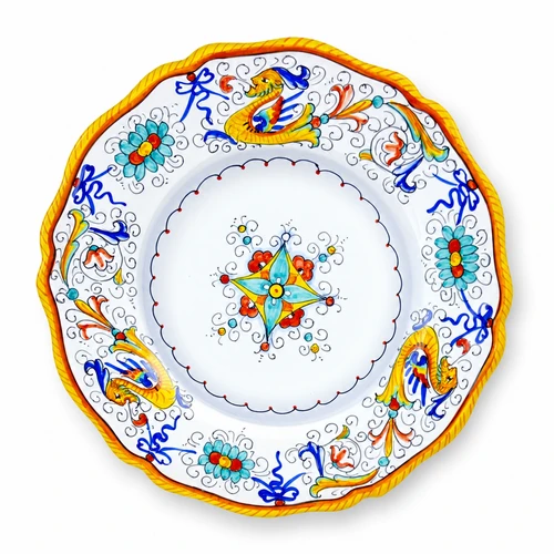 Raffaellesco salad plate, yellow winged dragons, blue ribbons and turquoise flowers on a white rim with a central rosette – hand-painted Italian majolica, Deruta pottery made in Italy
