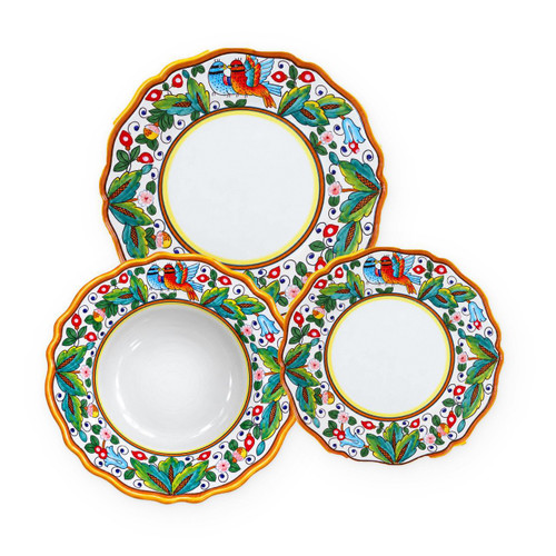 Love Birds 3-piece place setting: dinner plate, pasta bowl and salad plate, colorful little birds among green leaves and red berries – hand-painted Italian majolica, Deruta pottery made in Italy