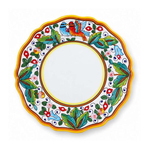 Love Birds dinner plate, colorful birds among green leaves and red berries with a yellow rim – hand-painted Italian majolica, Deruta pottery made in Italy