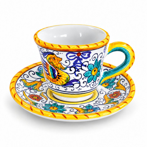 Raffaellesco espresso cup and saucer, yellow dragon with turquoise flowers and blue scrolls – hand-painted Italian majolica, Deruta pottery made in Italy