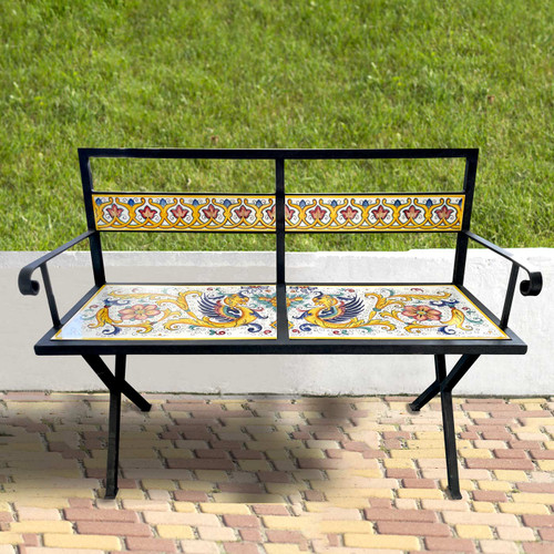 Raphaelesque iron and ceramic bench