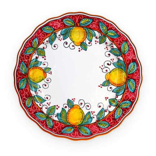 Alcantara Red salad plate, yellow lemons and turquoise leaves on a red scalloped rim with white scrolls around a white center – hand-painted Italian majolica, Deruta pottery made in Italy