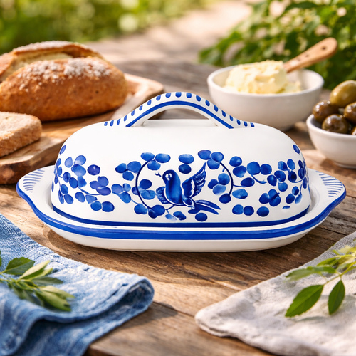 Hand-painted Italian ceramic butter dish with blue arabesque decoration from the Arabesco Blu collection.