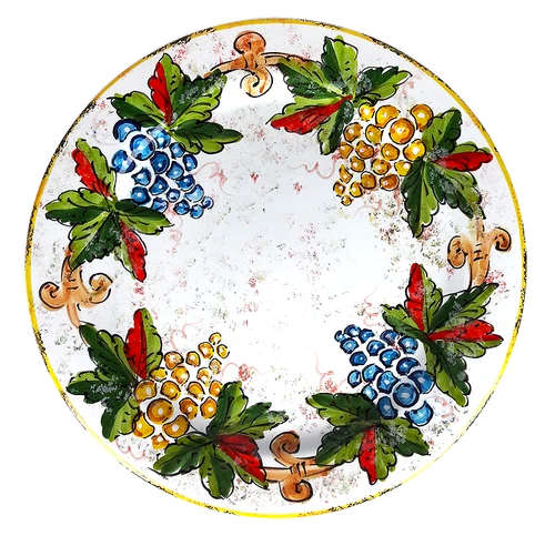 Italian Ceramics dinner plate, golden yellow grape clusters and green vine leaves with a rustic yellow rim – hand-painted Italian majolica, Deruta pottery made in Italy