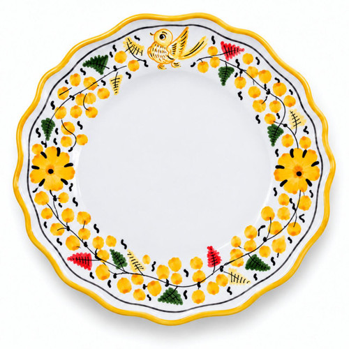Arabesco Yellow salad plate, yellow flowers and berries with a small bird on a white rim – hand-painted Italian majolica, Deruta pottery made in Italy