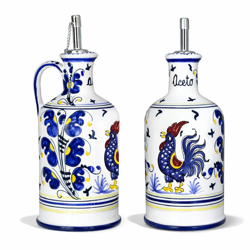 Italian-Ceramic-Vinegar-Bottle-Rooster-Blue-Pattern