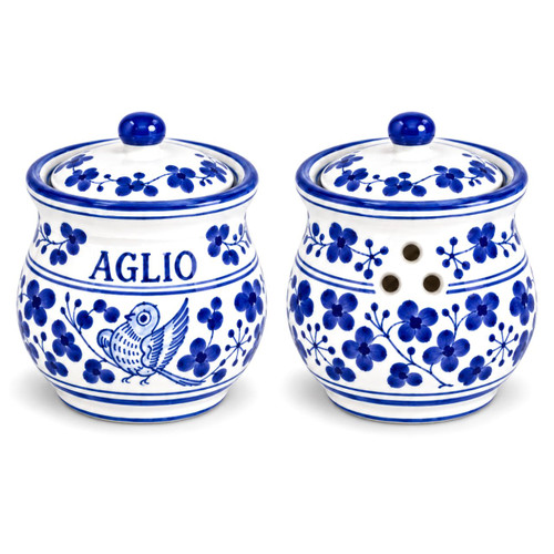 Arabesco Blu Hand-Painted Garlic Holder Deruta Italy