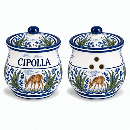 Classic Deer hand-painted Italian ceramic onion holder, woodland design from Deruta, Italy