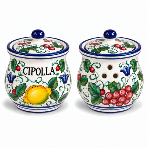 Light Fruits hand-painted ceramic onion holder with lemon and grape motif, Deruta, Italy