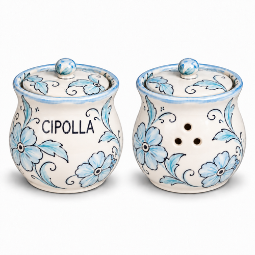 Dew hand-painted ceramic onion holder with soft blue floral pattern, Deruta, Italy