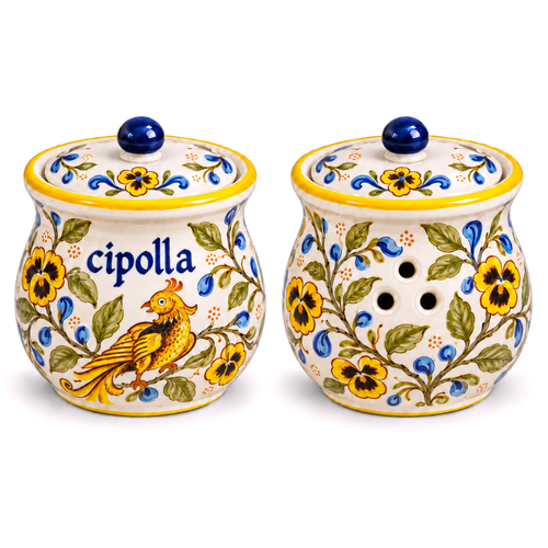 Bird of Paradise hand-painted ceramic onion holder, original MOD Classic design, Deruta, Italy