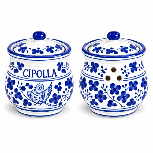 Arabesco Blu hand-painted ceramic onion holder with blue scrollwork, Deruta Heritage pottery, Italy