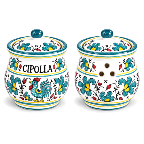 Green Rooster (Galletto Verde) hand-painted ceramic onion holder, Deruta Heritage pottery, Italy