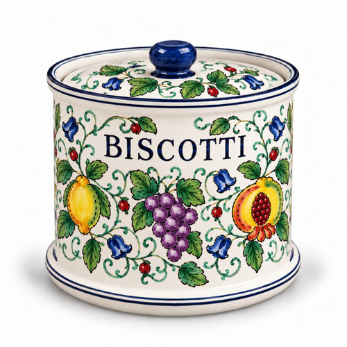 Light Fruits biscotti jar, decorated with fruit – hand-painted Italian ceramic cookie jar with lid, Deruta pottery made in Italy