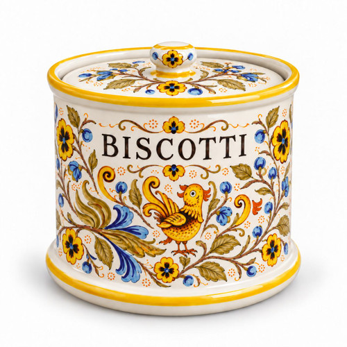 Bird of Paradise biscotti jar, decorated with birds – hand-painted Italian ceramic cookie jar with lid, Deruta pottery made in Italy