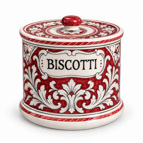 '600 Red Background biscotti jar – hand-painted Italian ceramic cookie jar with lid, Deruta pottery made in Italy