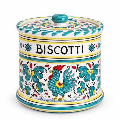 Galletto Verde biscotti jar, green rooster decoration – hand-painted Italian ceramic cookie jar with lid, Deruta pottery made in Italy