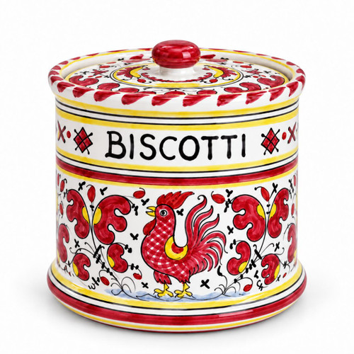 Galletto Rosso biscotti jar, red rooster decoration – hand-painted Italian ceramic cookie jar with lid, Deruta pottery made in Italy