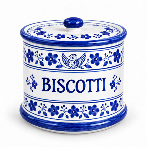 Arabesco Blu biscotti jar, blue arabesque decoration – hand-painted Italian ceramic cookie jar with lid, Deruta pottery made in Italy