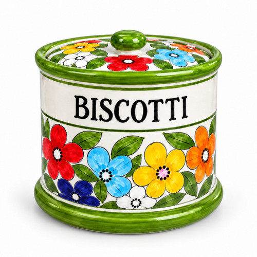 Daisy biscotti jar, decorated with daisies – hand-painted Italian ceramic cookie jar with lid, Deruta pottery made in Italy