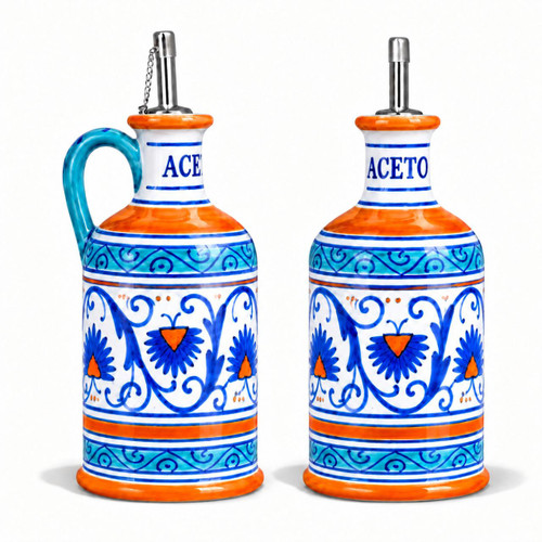 Penny vinegar bottle with spout – hand-painted Italian majolica vinegar cruet, Deruta pottery made in Italy