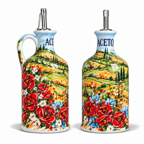 Umbria vinegar bottle with spout, olive green botanical pattern – hand-painted Italian majolica vinegar cruet, Deruta pottery made in Italy