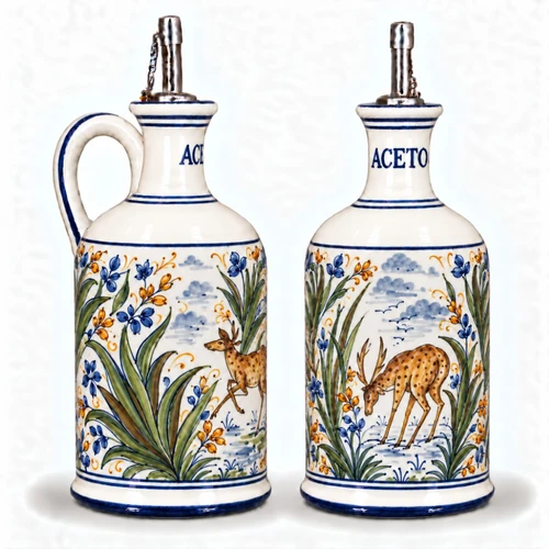Classic Deer vinegar bottle with spout, deer among branches – hand-painted Italian majolica vinegar cruet, Deruta pottery made in Italy