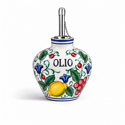 Light Fruits Bubble olive oil bottle, decorated with fruit – hand-painted Italian majolica oil cruet with spout, Deruta pottery made in Italy