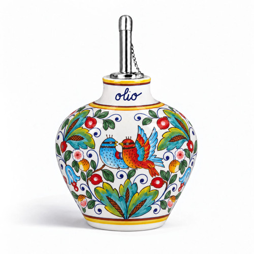 Love Birds Bubble olive oil bottle, decorated with love birds – hand-painted Italian majolica oil cruet with spout, Deruta pottery made in Italy