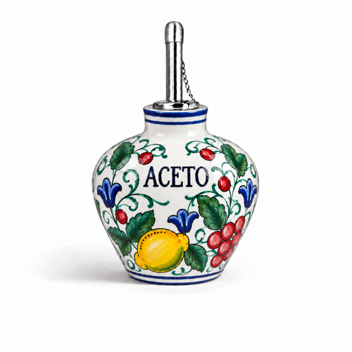 Light Fruits Bubble vinegar bottle, decorated with fruit – hand-painted Italian majolica vinegar cruet with spout, Deruta pottery made in Italy