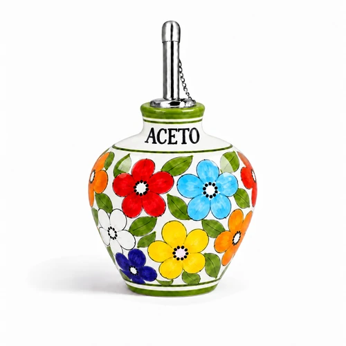 Daisy Bubble vinegar bottle, decorated with daisies – hand-painted Italian majolica vinegar cruet with spout, Deruta pottery made in Italy