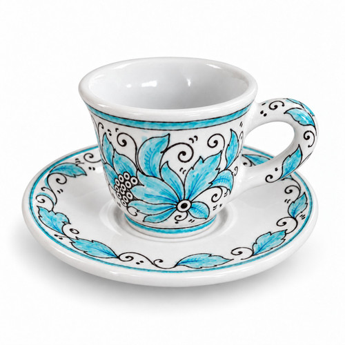 Dew espresso cup and saucer, light blue flower with black outlines – hand-painted Italian majolica, Deruta pottery made in Italy