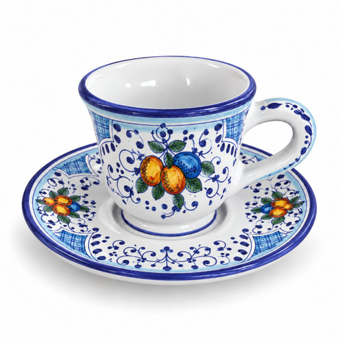 Frutteto espresso cup and saucer, blue and white, oranges and blue fruit on blue scrolls – hand-painted Italian majolica, Deruta pottery made in Italy