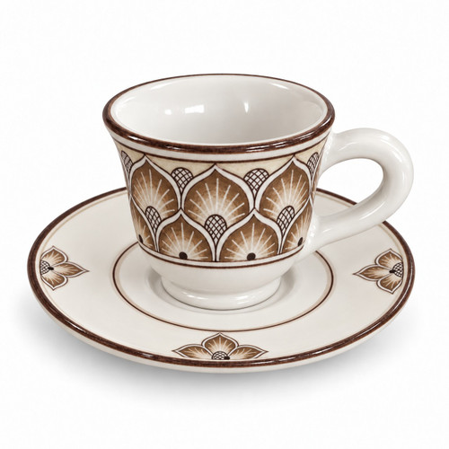 Peacock Grey espresso cup and saucer, grey taupe and brown peacock feather pattern on ivory – hand-painted Italian majolica, Deruta pottery made in Italy