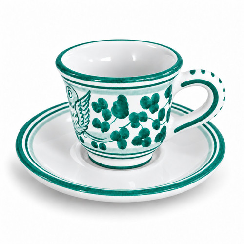 Arabesco Emerald espresso cup and saucer, emerald green arabesque leaves and bird on white – hand-painted Italian majolica, Deruta pottery made in Italy