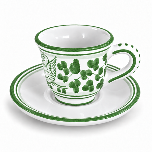 Arabesco Green Woods espresso cup and saucer, leaf green arabesque leaves and bird on white – hand-painted Italian majolica, Deruta pottery made in Italy