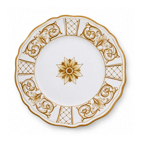 Antique Ochre dinner plate, ochre lattice panels and tulip scrolls with a central rosette on white – hand-painted Italian majolica, Deruta pottery made in Italy
