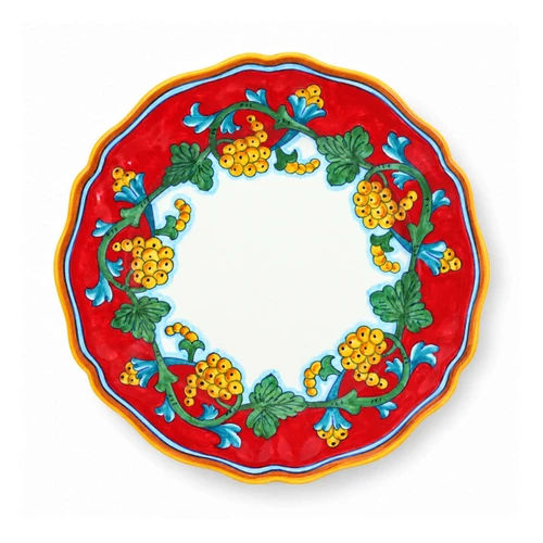 Corallo dinner plate, red rim with yellow grape clusters and green vine leaves around a white center – hand-painted Italian majolica, Deruta pottery made in Italy