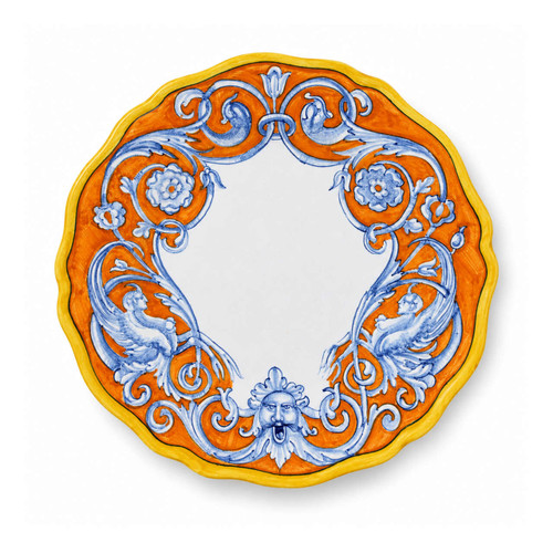 Grottesca Orange dinner plate, light blue grotesque scrolls and a mask on an orange ground – hand-painted Italian majolica, Deruta pottery made in Italy