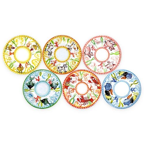Harald's Animals set of 6 dinner plates with chicken, cow, pig, fish, lobster and seafood – hand-painted Italian majolica, Deruta pottery made in Italy