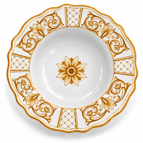 Antique Ochre pasta bowl, ochre lattice panels and tulip scrolls with a central rosette on white – hand-painted Italian majolica, Deruta pottery made in Italy